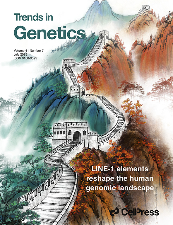 Trends in Genetics July 2025 cover showing a genomic landscape through the Great Wall